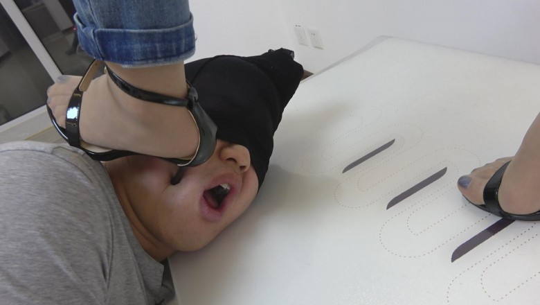 茶几高跟踩踏狗舌，狗脸